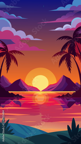 Vector art of a breathtaking sunset over a mountain lake, with palm trees silhouetted against a sky ablaze with orange, pink, and purple hues