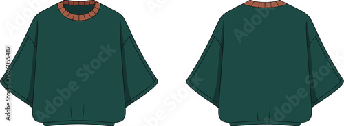 Stylish dark green sweatshirt flat sketch template, front and back views, fashion design, apparel mockup, casual wear, comfortable, cozy, customizable, merchandising, versatile, modern, street style.