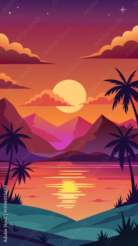 Naklejka premium Vector art of golden hour sunset casting warm light on a tropical landscape with palm trees and water