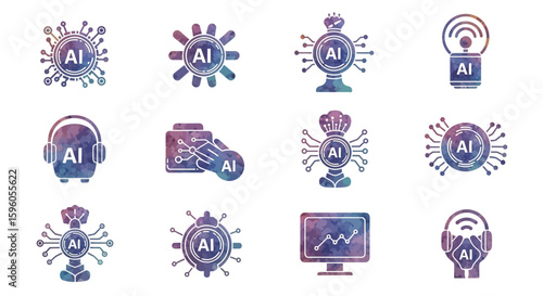 Collection of colorful, stylized AI icons, depicting various aspects of artificial intelligence.