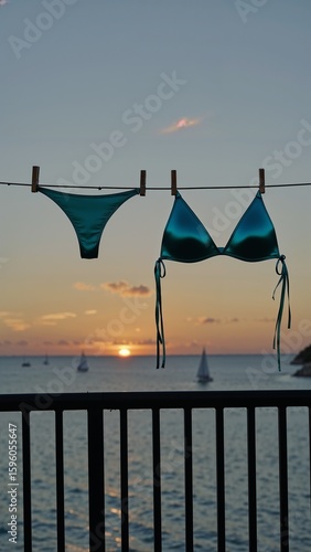 A shiny green bikini hangs on a clothesline on a balcony, drying against the backdrop of a beautiful, dramatic sunset over the ocean