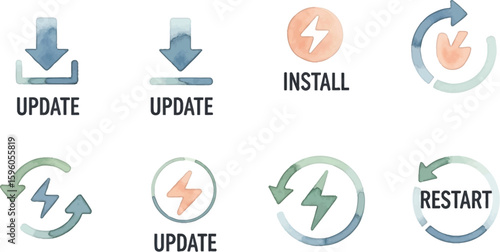 Watercolor-style icons depicting software update, install, and restart processes.
