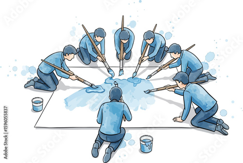 A group of people collaboratively painting a large blue design on a white canvas, using paintbrushes.