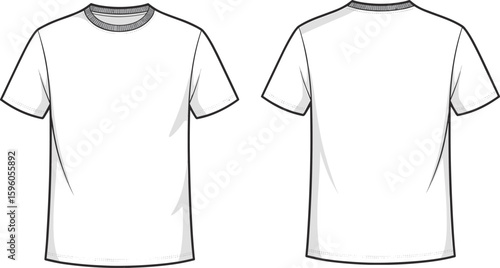 Blank white T-shirt flat sketch template, front and back views, fashion design, apparel mockup, casual wear, textile, clothing, versatile, customizable, merchandising, comfortable.
