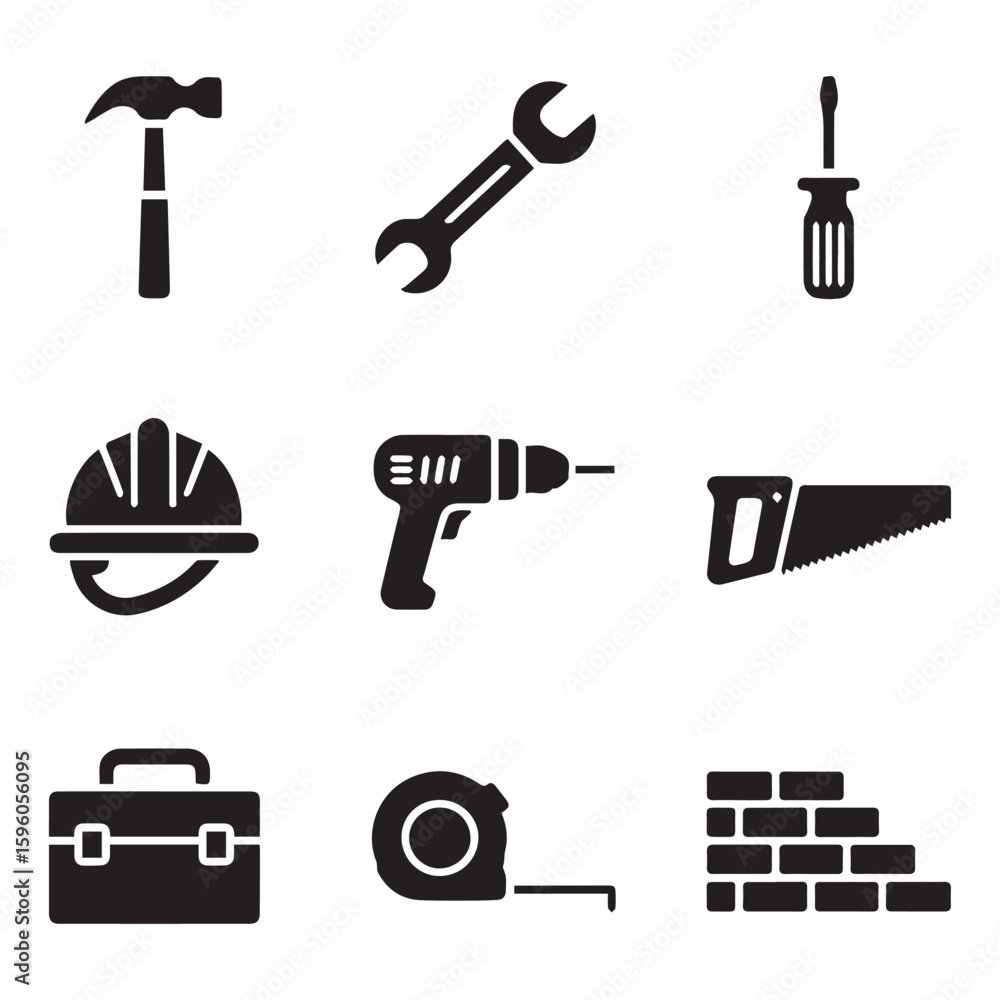 Fototapeta premium Construction and renovation tools including a hammer, drill, hard hat, and toolbox