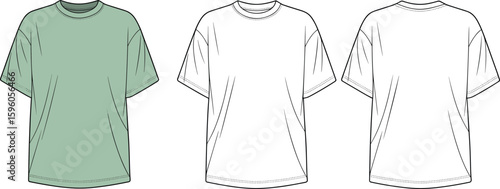  Blank light green T-shirt flat sketch template, front, back, outline views, fashion design, apparel mockup, casual wear, textile, clothing, versatile, customizable, merchandising, comfortable.