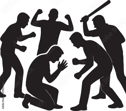 Group of People Attacking a Man – Mob Violence Scene black and white silhouette 