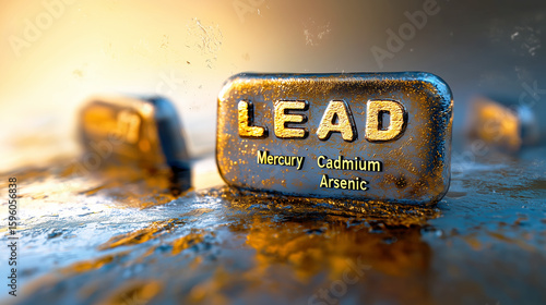 A lead ingot also labeled with mercury, cadmium, and arsenic, representing toxic heavy metals as raw industrial material.