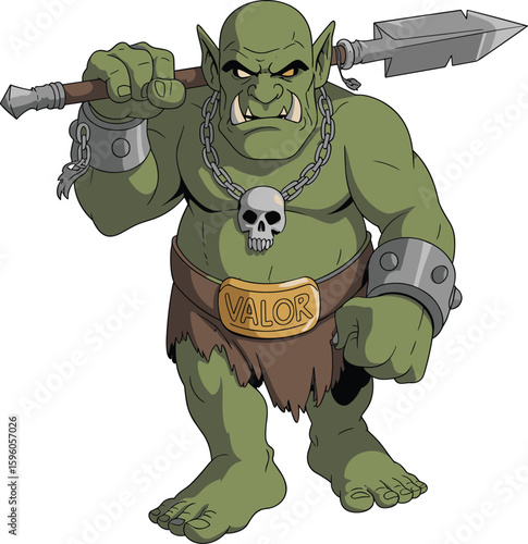 Ferocious green orc warrior with spear, skull necklace, and "Valor" belt, fantasy creature, strong, intimidating, powerful, RPG, gaming, monster, medieval, mythical, legendary.