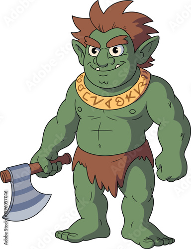 Cute cartoon green goblin or troll holding an axe, fantasy character, friendly monster, mythical creature, charming, playful, whimsical, folklore, gaming, D&D, adventure, fun.