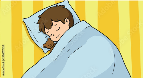 Cute little boy peacefully sleeping in bed with a teddy bear, cozy bedroom, sweet dreams, comfortable, childhood, tranquility, rest, relaxation, bedtime, healthy sleep, happy child.