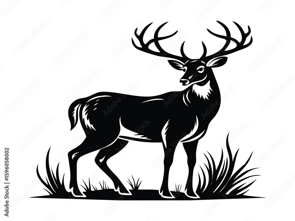 Fototapeta premium Standing Deer Silhouette with Antlers Illustration