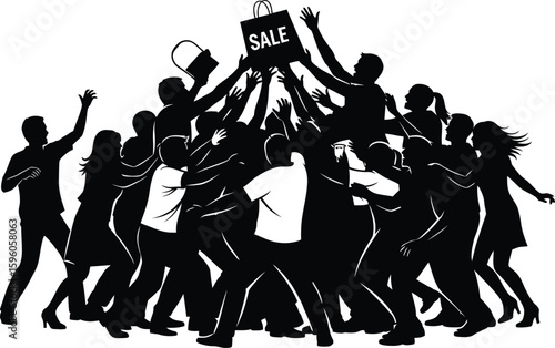 Crowd of people reaching for sale bag black friday shopping frenzy vector graphic