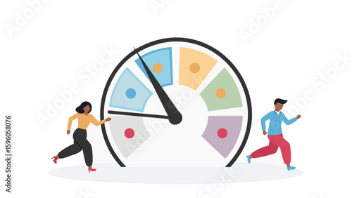 Two people running near a large speedometer with various colored sections and a black needle arm pointing