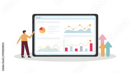 Man analyzing data on a large screen with charts and graphs and upward pointing arrows nearby