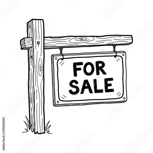 A hand drawn black and white illustration of a for sale sign with a wooden post and grass at the base
