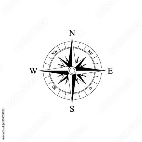 A simple black and white compass rose with north south east and west directions on a white background
