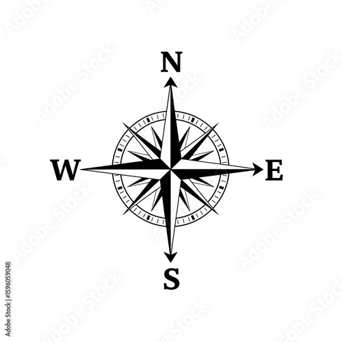 A black and white compass rose with the cardinal directions labeled clearly on a white background image