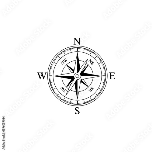 A detailed compass rose with cardinal directions north south east and west on a white background plain