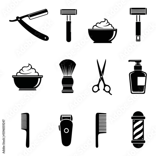 A collection of barber shop tools and equipment including razors combs and shaving cream in black and white