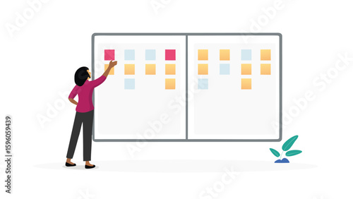 Woman in pink shirt placing sticky notes on a large whiteboard for project management and planning tasks