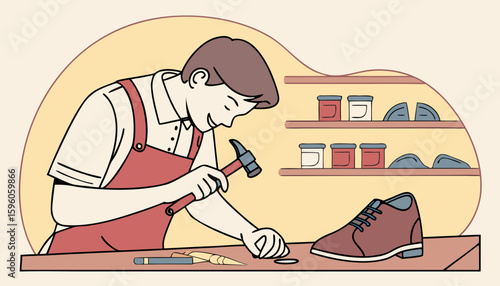 a cobbler mending show wit shoe hammer