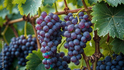 Close-up of a fresh grape cluster with morning dew resting on lush green vines, showcasing natural ripeness and vitality.