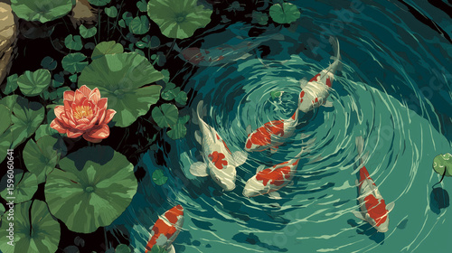 A serene, top-down view of Japanese koi carp swimming in a tranquil pond among lily pads and a blooming lotus. Painterly, anime-inspired illustration.