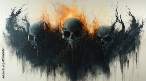 Primitive flame and smoke spirits painted with expressive black blots and tribal line art.
