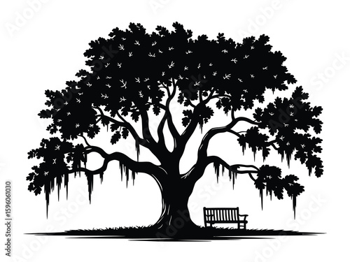 Oak Tree Silhouette with Spanish Moss Southern Landscape Vector Isolated Illustration