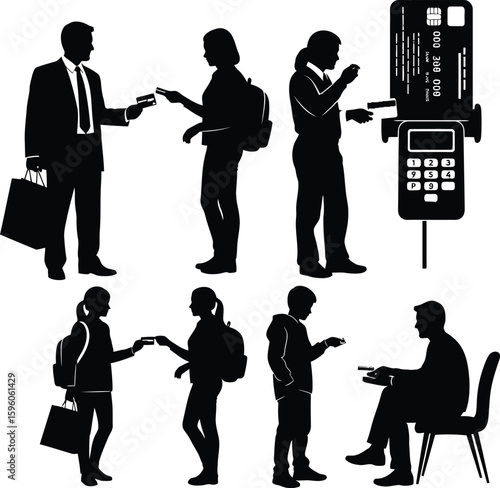 People paying with credit card silhouettes vector illustration business concept