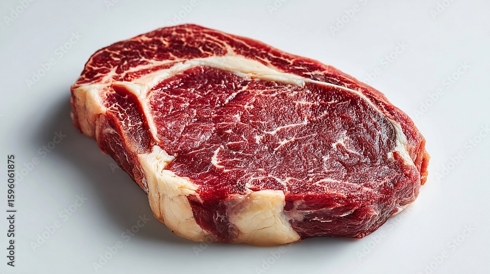 Obraz premium Marbled ribeye steak, raw & crimson, sits on white. Fat glistens; muscle fibres weave intricate patterns