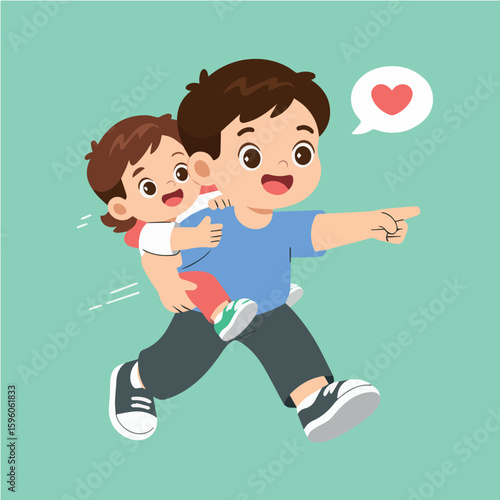 Clean and modern vector  illustration of father carrying son piggyback ride vector family fun happy childhood parenting together love 100