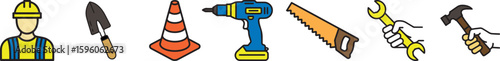 Colorful Construction and Tools Icons Worker, Safety, Equipment Symbols