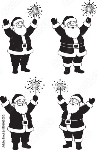 Four festive santa claus silhouettes holding sparklers