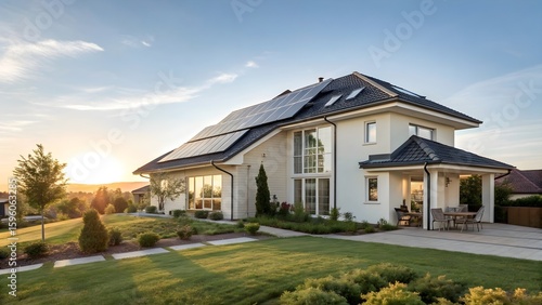 Modern suburban home with rooftop solar panels under blue sky, sunny day