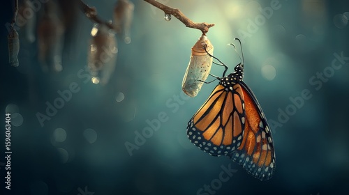 A vibrant Monarch butterfly emerging from its chrysalis, showcasing nature's beauty and transformation.
