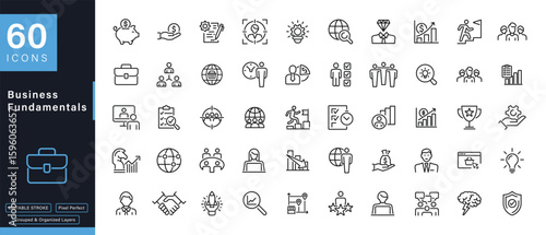 Business Fundamentals Outline Icons Set - Finance, Management, Growth, Success, Vector