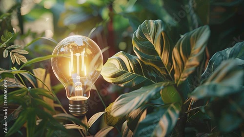  The light bulb flickers slowly, turning off and on, casting soft shadows on the surrounding plants.