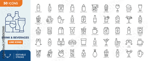 Drink and beverages line editable icon set. Containing Coffee, Wine, Coffee Cup, Water, Champagne, Milk, Whiskey, Beer, Juice, Margarita, Alcohol, and more. Editable stroke. Vector illustration