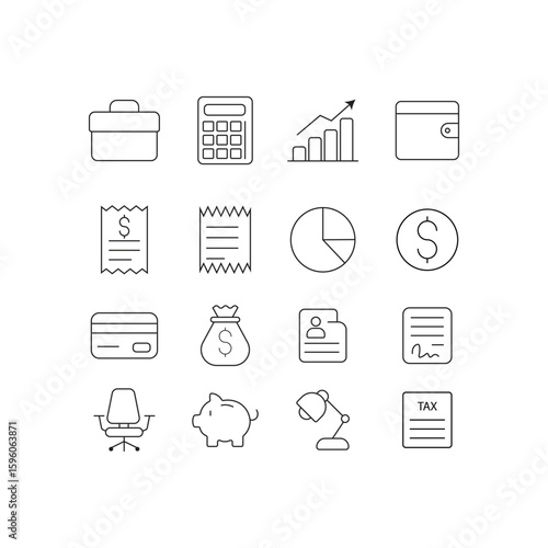 black line icons of finance, accounting, and office essentials including charts, receipts, credit card, and documents