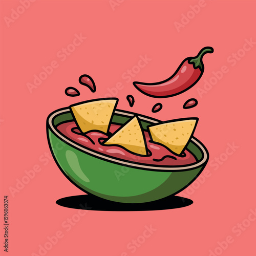 Clean and modern vector  delicious mexican food vector illustration of tortilla chips with salsa and chili pepper for restaurant 100