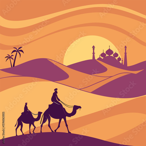 Sunset arabic desert camel caravan muslim islamic culture illustration design