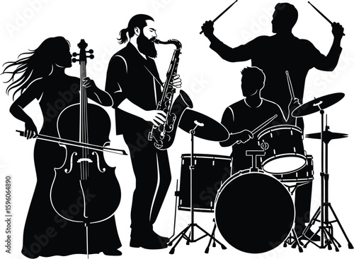 Silhouette of jazz band performing with cello saxophone and drums vector graphic art
