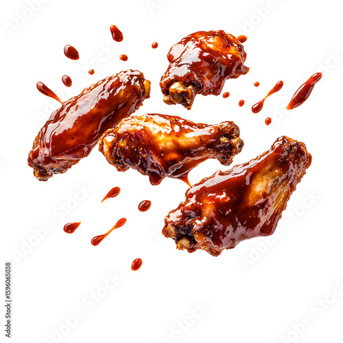 Delicious spicy fried chicken wings with bbq sauce dripping against white background for food advertisements