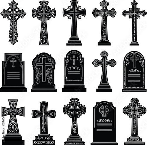 Collection of black and white gravestones and crosses for cemetery design elements