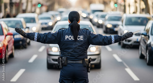 Woman police officer with arms outstretched, controlling heavy traffic on a city street for order and safety.