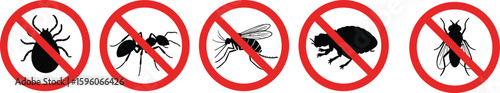 Insect pest prevention vector illustration, mosquito control graphic, tick repellent icon, ant infestation alert, fly exclusion sign, beetle avoidance design, pest-free symbol