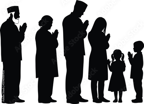 Silhouette of muslim family praying together islamic faith and culture illustration