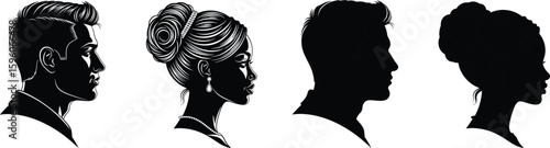 Male and female profile silhouette vector illustration, stylish hair bun and pompadour, black white head sketch, cad style artwork, elegant profile shapes, minimal hairstyle icon